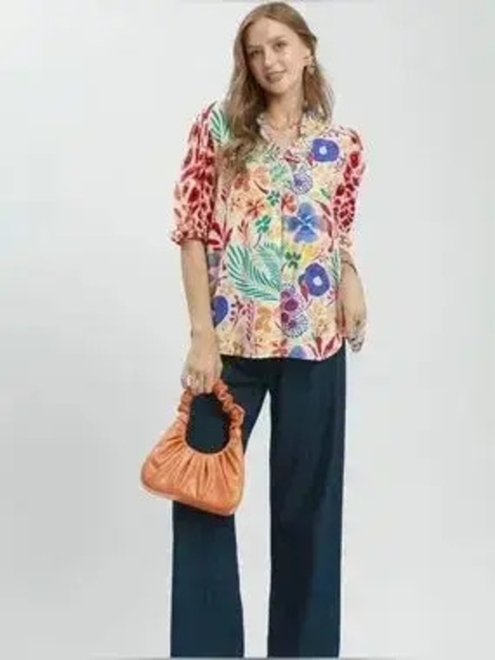 Umgee V-Neck Ruffle Trim Puff Sleeve Top - Picture 4 of 5